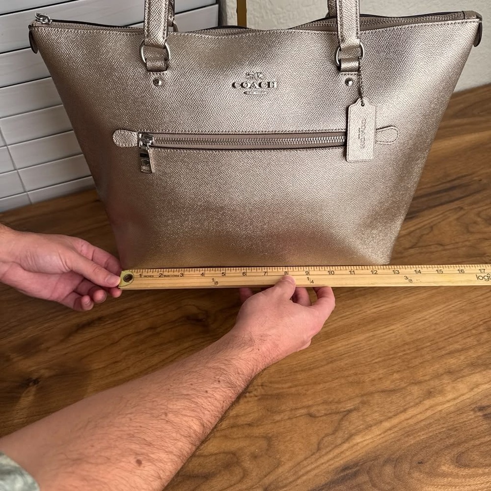 Coach Gallery Tote Bag Metallic Silver Gold Crossgrain Leather F87680 - Picture 7 of 14